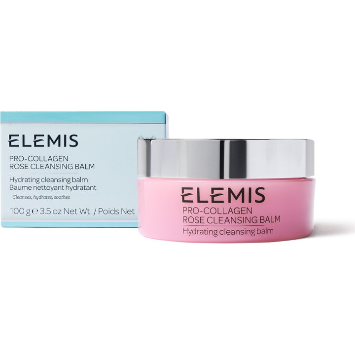 Elemis Pro-Collagen Rose Cleansing Balm 105 g fugtgivende ansigtsrens i lyserød krukke med sølvlåg og æske