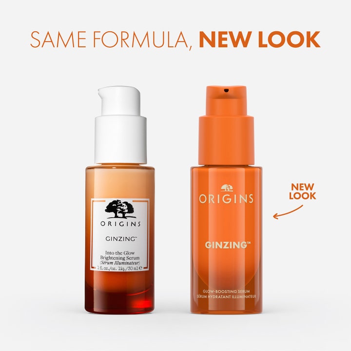 Origins GinZing Into the Glow Brightening Serum 30 ml viser nyt og gammelt design på den orange glasflaske