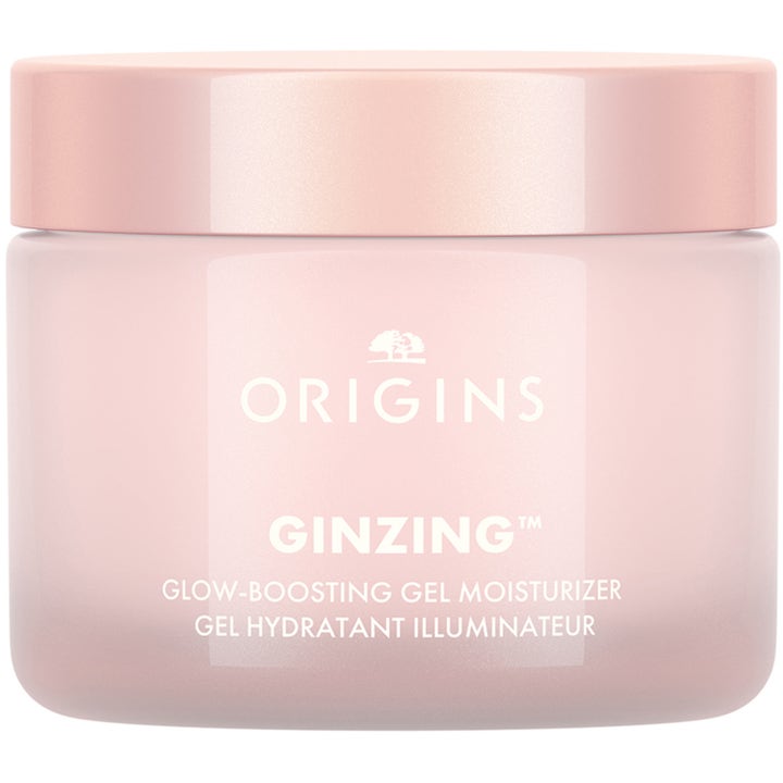 Origins Ginzing Glow-Boosting Gel Moisturizer 50 ml giver glød i en lyserød frostet krukke med hvid tekst