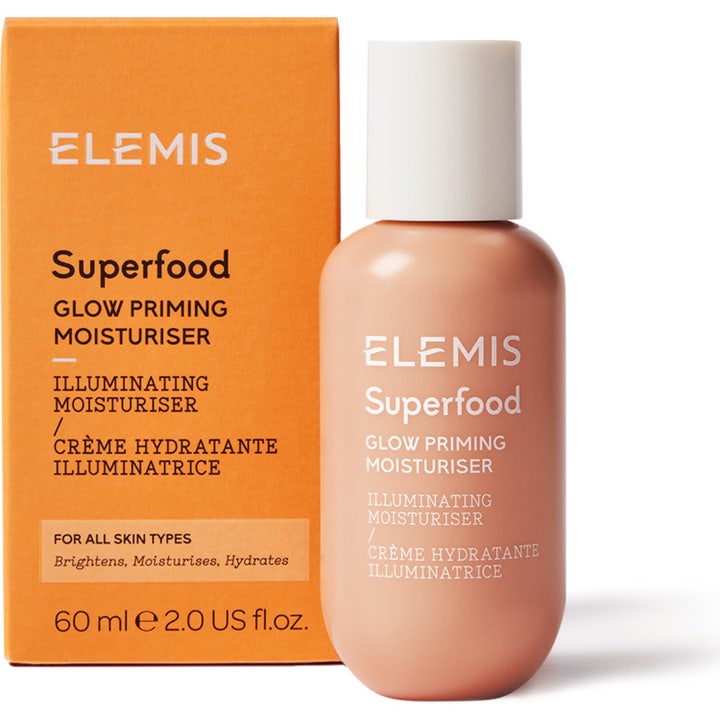 Elemis Superfood Glow Priming Moisturiser 60 ml illuminerende dagcreme i ferskenfarvet flaske og æske