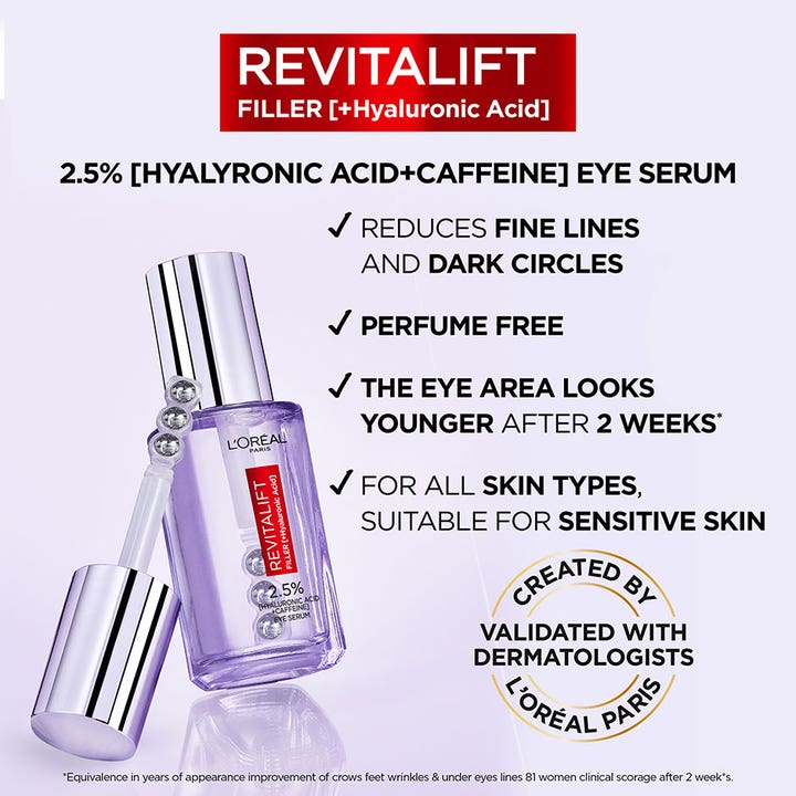 L'Oréal Paris Revitalift Filler Eye Serum 20 ml mod mørke rande i lilla flaske med kølende perleapplikator