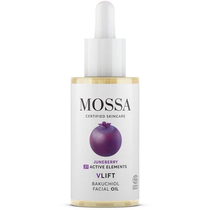 MOSSA V LIFT Bakuchiol Facial Oil 30 ml opstrammende ansigtsolie i klar flaske med hvid pipette og motiv af juneberry