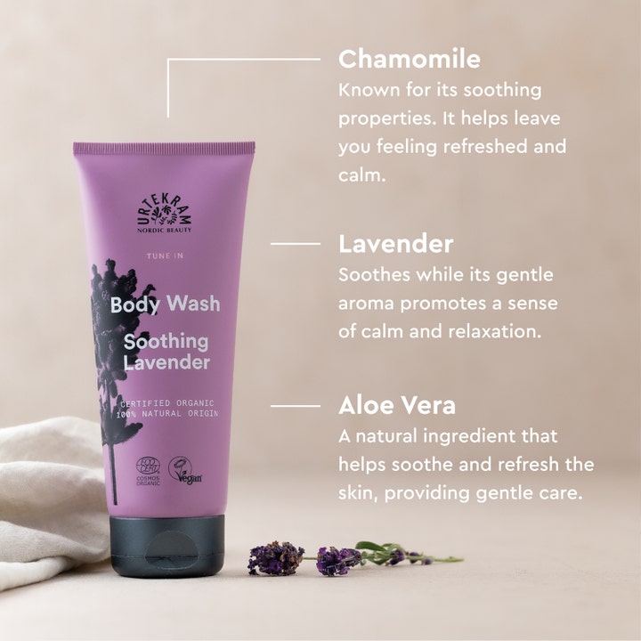 Urtekram Body Wash Soothing Lavender 200 ml beroligende kropspleje i lilla tube med info om kamille og aloe vera