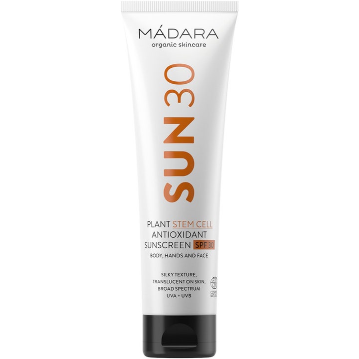Mádara Plant Stem Cell Antioxidant Sunscreen solcreme SPF 30 i hvid tube med orange tekst og sort låg