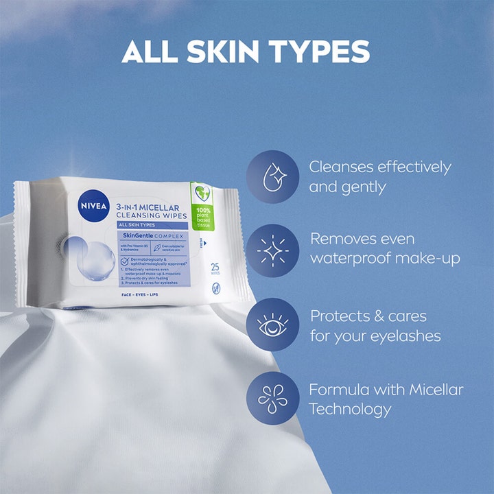 NIVEA MicellAIR Expert Wipes 25 stk renseservietter fjerner vandfast makeup og plejer vipper vist mod blå baggrund.