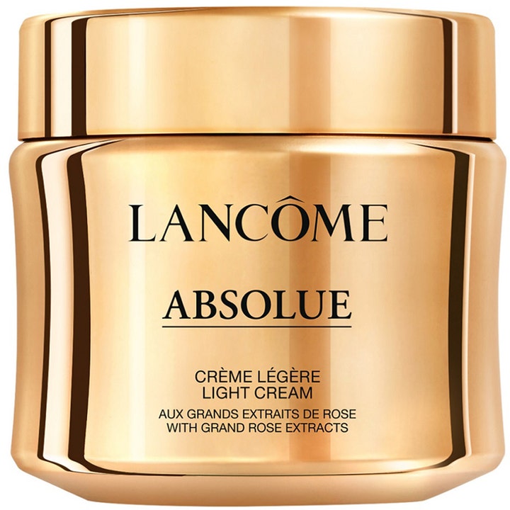 Lancôme Absolue Crème Légère ansigtscreme med rosekstrakt giver glød i en luksuriøs guldfarvet krukke med metallisk finish