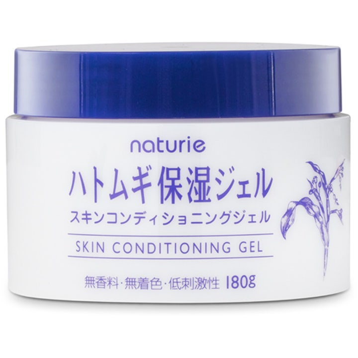 Naturie Hatomugi Skin Conditioning Gel 180g fugtgivende ansigtsgel i hvid plastkrukke med mørkeblåt skruelåg