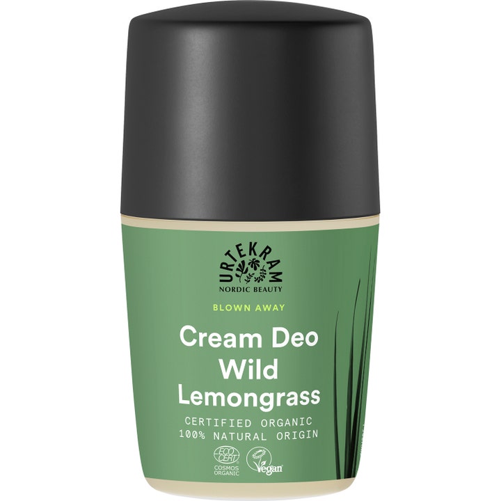 Urtekram Blown Away Cream Deo Wild Lemongrass 50 ml forfriskende cremedeodorant med grøn etiket og sort låg