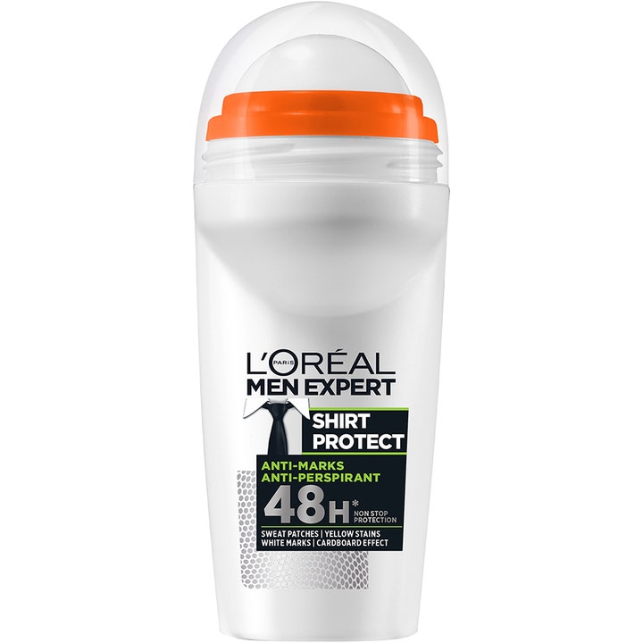 L'Oréal Men Expert Shirt Protect 50 ml roll-on mod svedpletter i hvid beholder med orange top og klart låg.