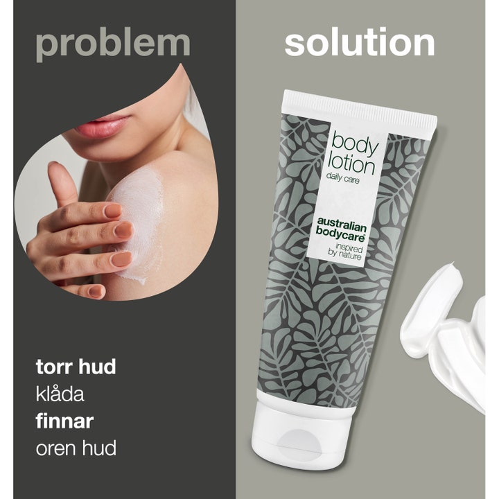 Australian Bodycare Body Lotion 200 ml mod uren hud i mønstret tube vist med cremetekstur og påføring på skulder.