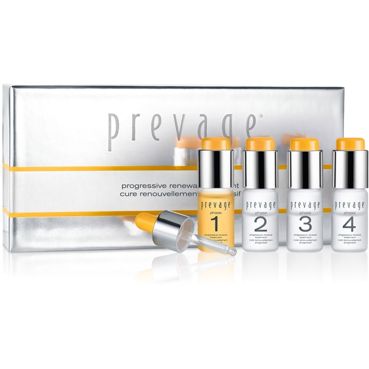 Elizabeth Arden Prevage Progressive Renewal Treatment 4x10ml fornyende hudpleje i nummererede flasker med gule låg.