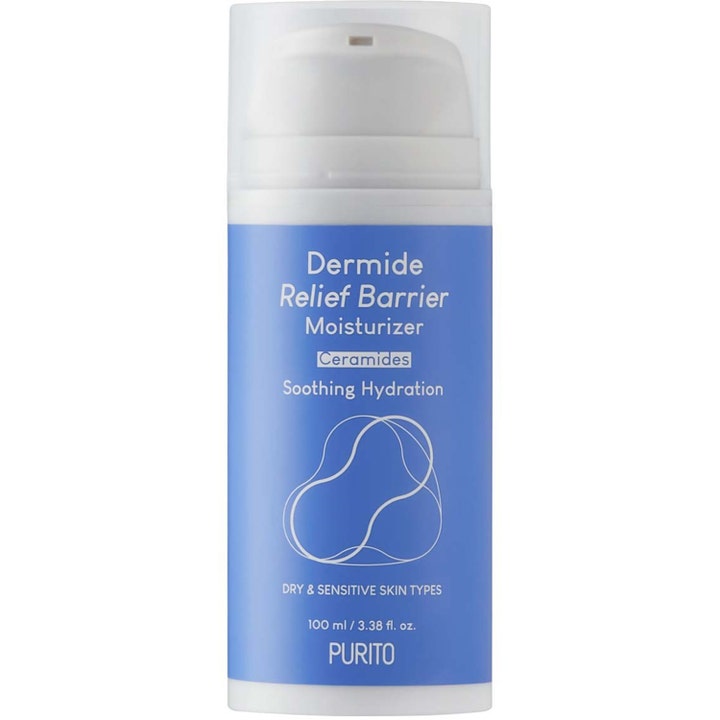 Purito Dermide Relief Barrier Moisturizer 100 ml beroligende ansigtscreme med ceramider i hvid flaske med blå label