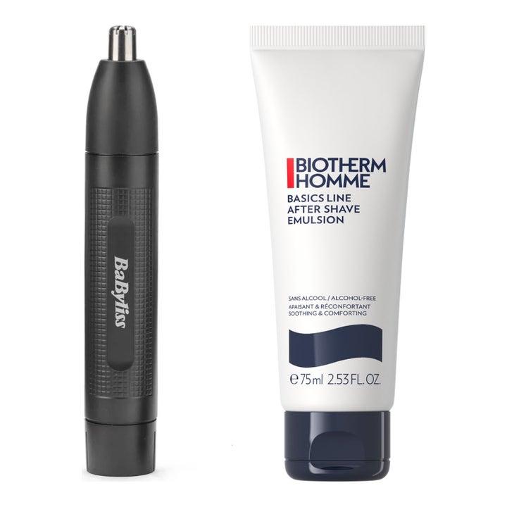 BaByliss Men trimmer og Biotherm Homme After Shave 75ml beroligende pleje med sort trimmer og hvid tube med blåt låg.