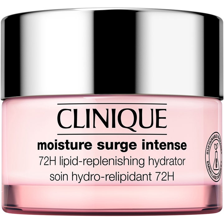 Clinique Moisture Surge Intense 72H lipidgenopbyggende ansigtscreme i lyserød krukke med sølvlåg der skaber intens fugt