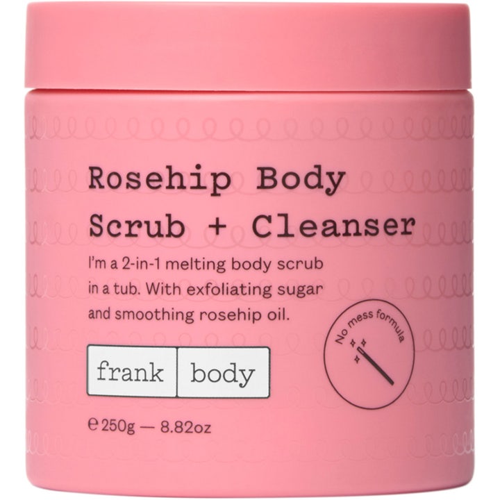 Frank Body Rosehip Body Scrub + Cleanser 250g eksfolierende kropspleje i en lyserød krukke med skruelåg