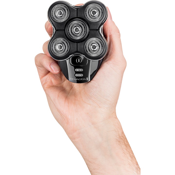 Remington XR1500 Ultimate Series RX5 Head Shaver 1 stk til tæt barbering i sort kompakt design holdt i en hånd.