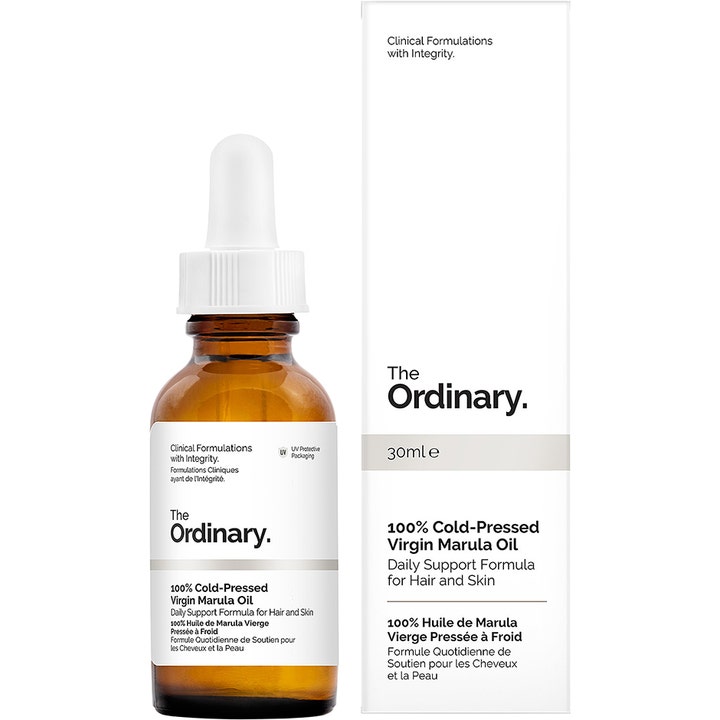 The Ordinary 100% Cold-Pressed Virgin Marula Oil 30ml plejer hår og hud i ravgul glasflaske med hvid pipette og æske.