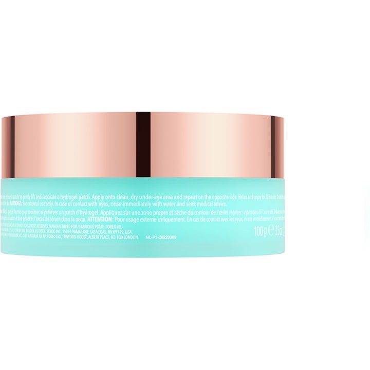 FOREO IRIS Hydrating Hydrogel Eye Mask 60 g fugtgivende eye patches i lyseblå krukke med metallisk rosa låg