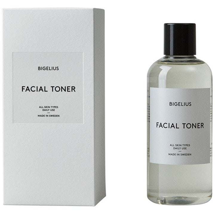 Bigelius Facial Toner balancerende skintonic i gennemsigtig flaske med sort skruelåg og hvid yderemballage.