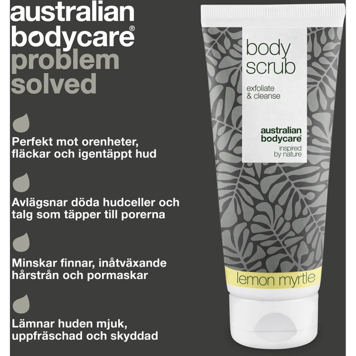 Australian Bodycare Body Scrub Lemon Myrtle 200 ml eksfolierende kropsskrub i tube med gråt bladmønster