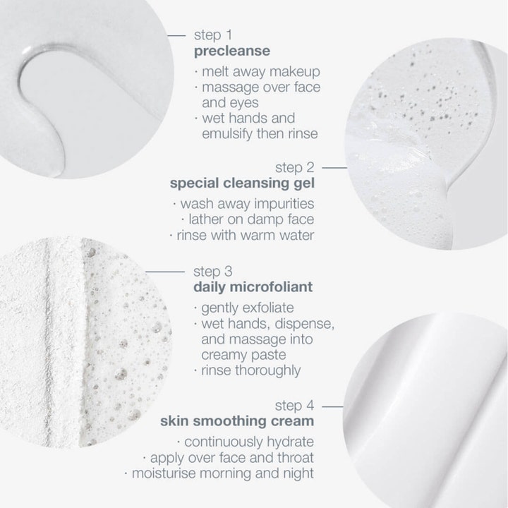 Dermalogica Discover Healthy Skin Kit hudplejesæt viser fire trin fra rensende olie til eksfolierende pulver og creme