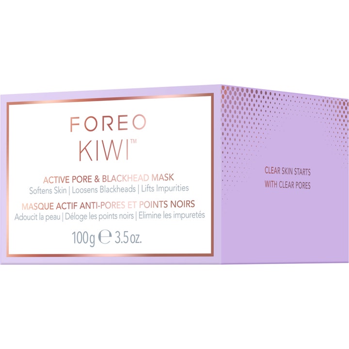 FOREO KIWI Active Pore & Blackhead Mask 100 g ansigtsmaske i lilla æske med rosaguld detaljer