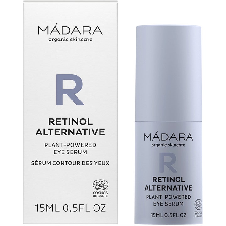 MÁDARA RETINOL ALTERNATIVE Plant-Powered Eye Serum 15 ml øjencreme i hvid æske og mat lyslilla pumpeflaske