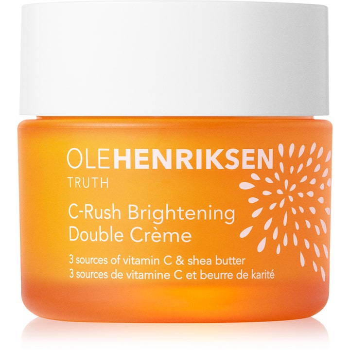 Ole Henriksen C-Rush Brightening Double Crème ansigtscreme med C-vitamin giver glød i orange krukke med hvidt låg