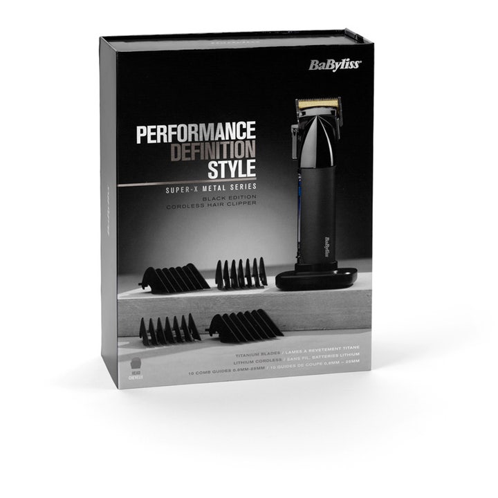 BaByliss Super X Metal Hair Clipper 1 stk hårklipper i sort metalfinish vist med tilhørende sorte afstandskamme.