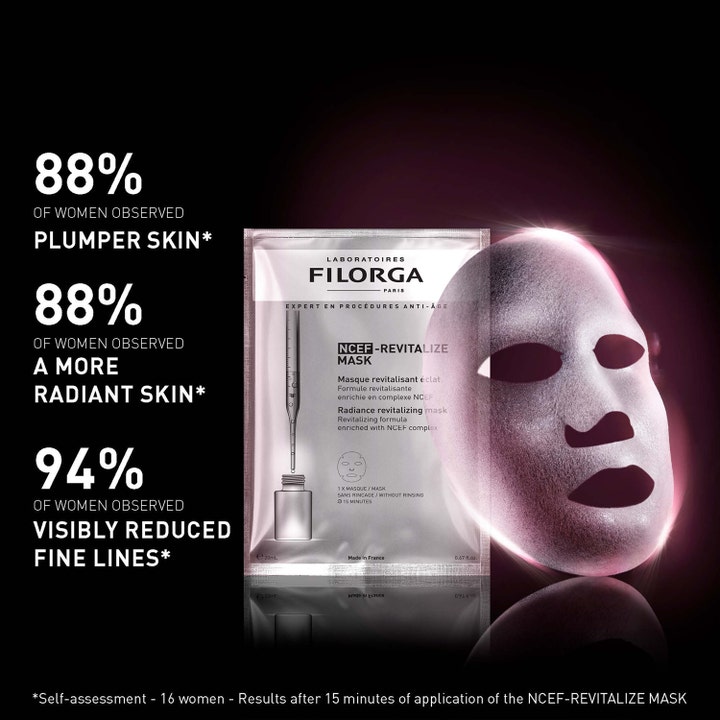 Filorga NCEF-Revitalize Radiance Mask 20 ml sheet mask der giver glød ved siden af en lysende ansigtsmaske.