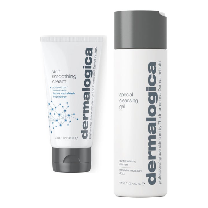 Dermalogica Special Cleansing Gel og Skin Smoothing Cream hudplejesæt i hvid flaske og tube med grå låg der giver ren og fugtet hud.