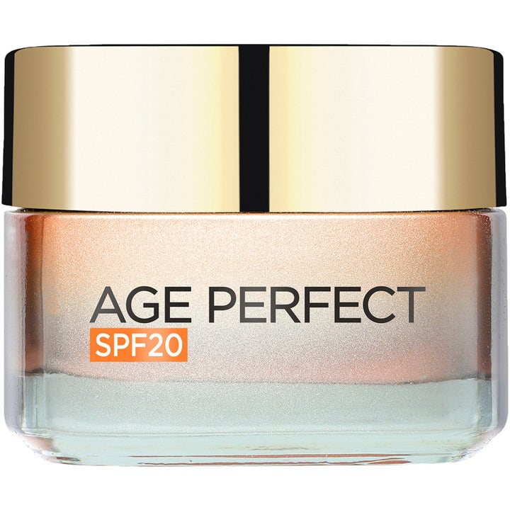 L'Oréal Age Perfect SPF20 dagcreme i glaskrukke med guldlåg der giver huden glød og beskytter mod solen.
