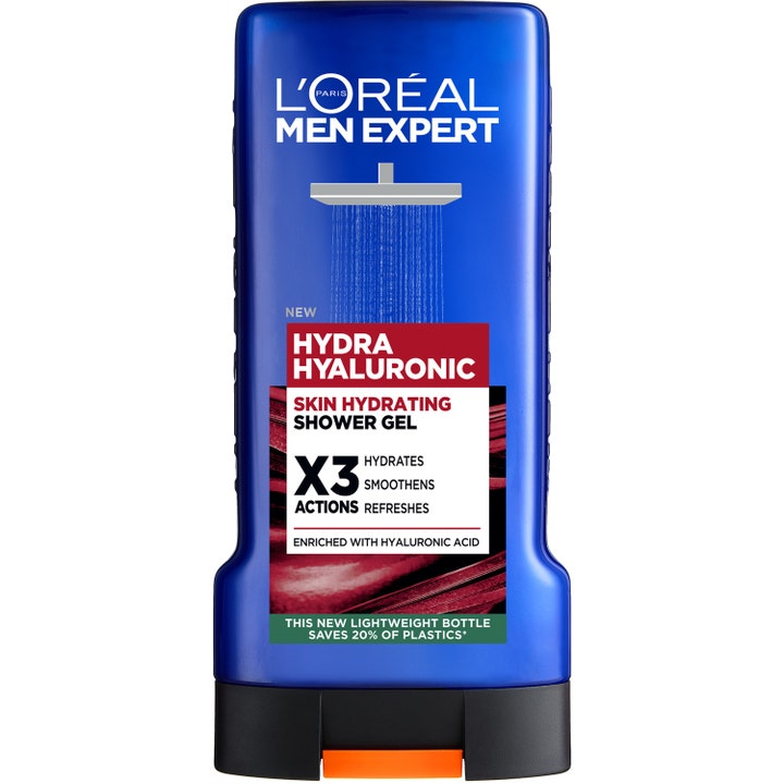 L'Oréal Men Expert Hydra Hyaluronic Skin Hydrating Shower Gel i blå plastflaske med rød etiket.