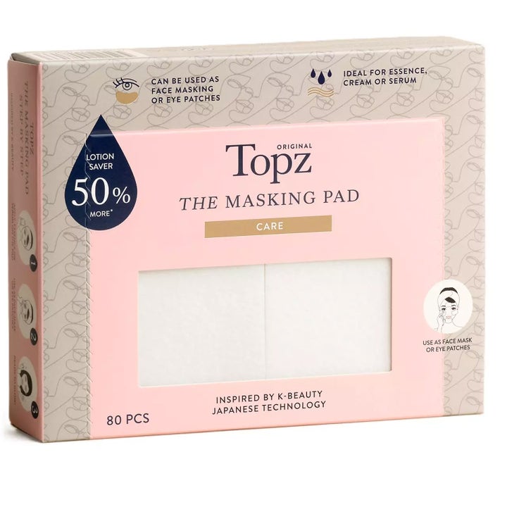 Topz The Masking Pad 80 stk hudpleje til ansigtsmasker i en lyserød og grå æske med hvide bomuldspads
