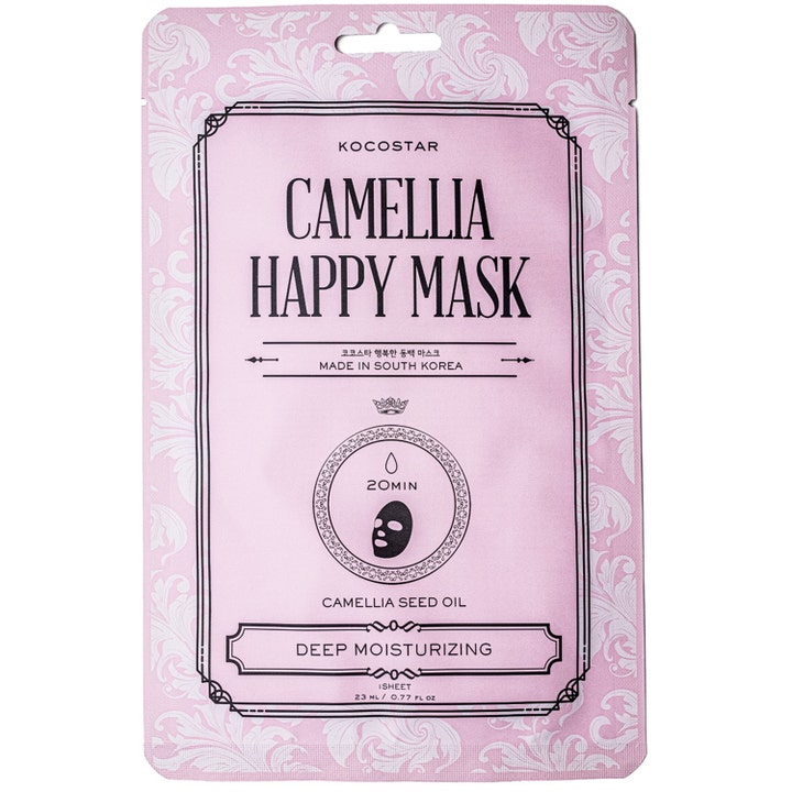 Kocostar Camellia Happy Mask 23 ml fugtgivende sheet mask i lyserød pakke med hvide blomstermønstre og sort tekst