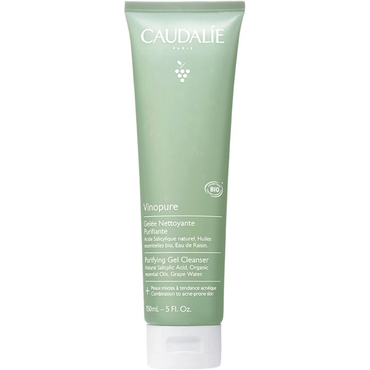 Caudalie Vinopure Purifying Gel Cleanser 150ml rensende ansigtsvask i en lysegrøn tube med hvidt låg mod urenheder.