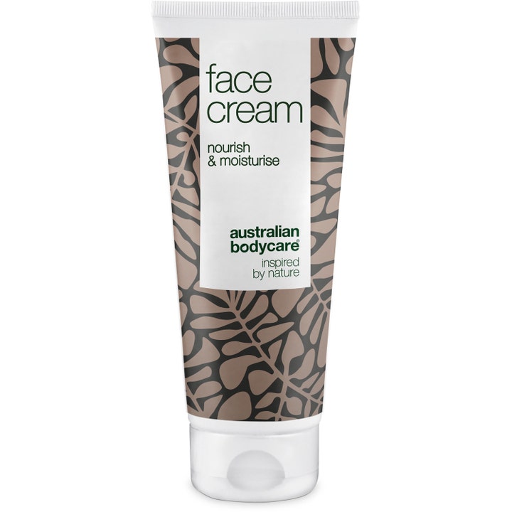 Australian Bodycare Face Cream fugtgivende ansigtscreme i hvid tube med et dekorativt brunt bladmønster.