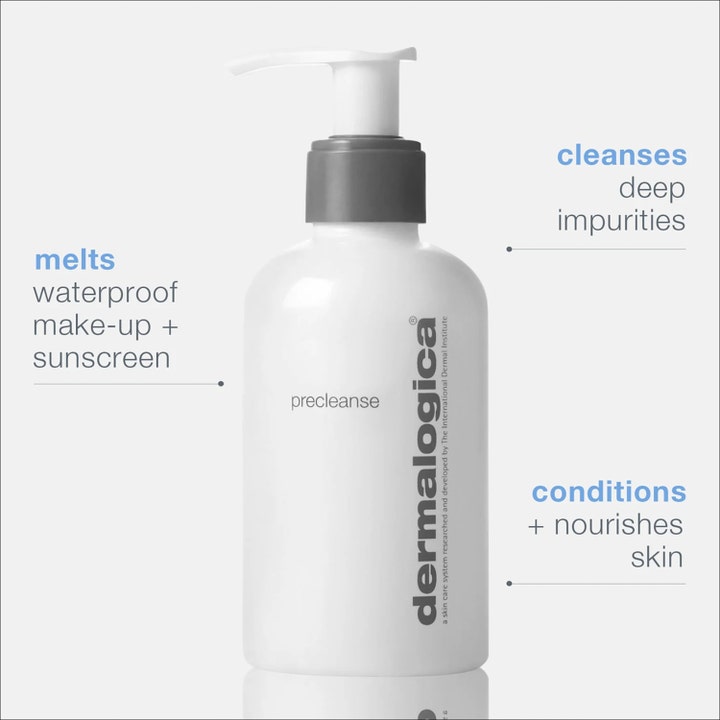 Dermalogica PreCleanse 30 ml renseolie fjerner makeup og urenheder i hvid pumpeflaske med blå infotekst.