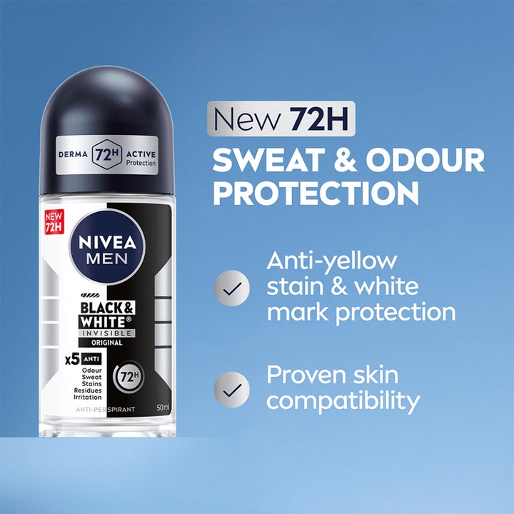NIVEA MEN Invisible Black & White 50 ml roll-on mod lugt og pletter med 72 timers beskyttelse.