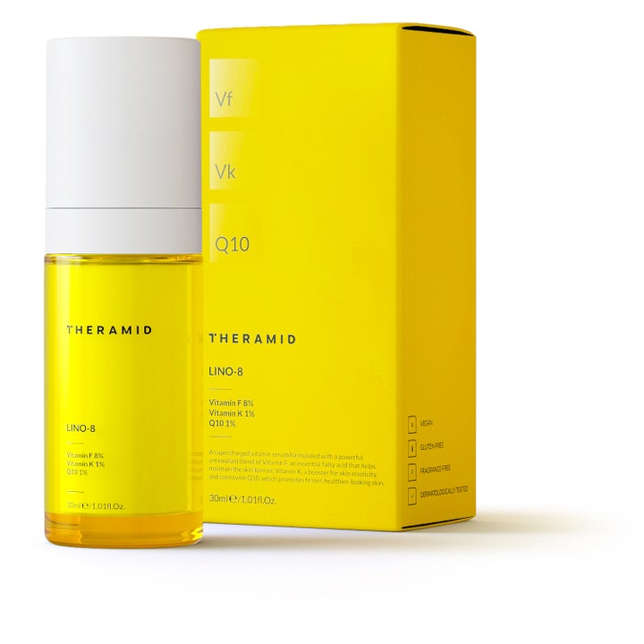 Niche Beauty Lab Theramid Lino 8 30 ml serum mod aldringstegn i gul glasflaske og æske med Q10.