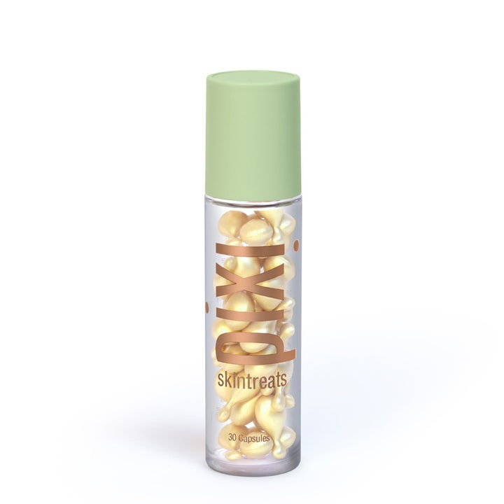 Pixi Skintreats 30 Capsules ansigtsserum i klar beholder med lysegrønt låg og gyldne kapsler