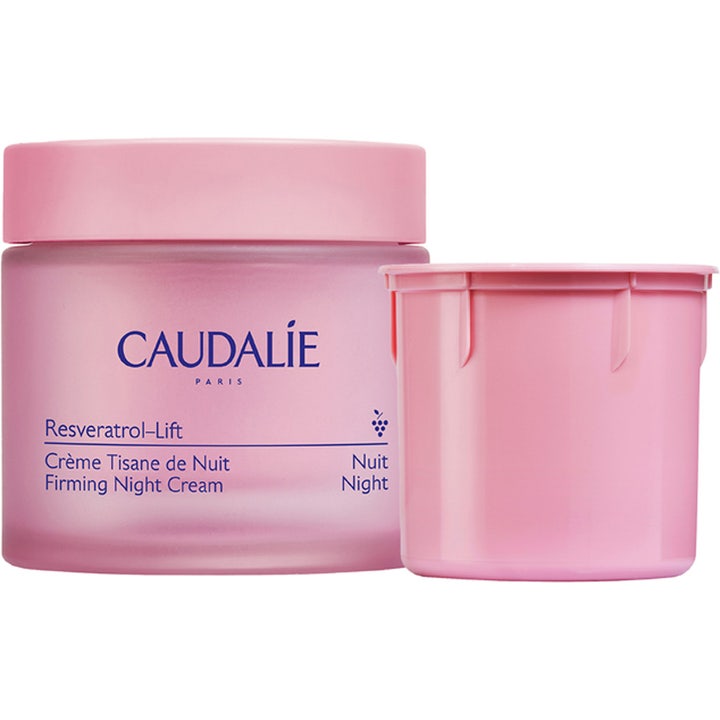 Caudalie Resveratrol-Lift Firming Night Cream opstrammende natcreme i lyserød frostet krukke og refill-indsats