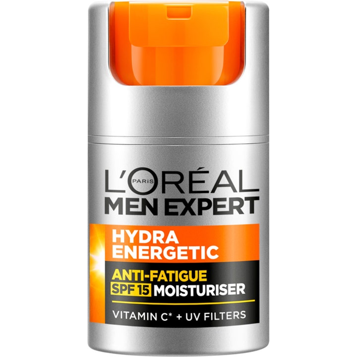 L'Oréal Men Expert Hydra Energetic SPF 15 fugtighedscreme giver energi i sølvfarvet pumpeflaske med orange top