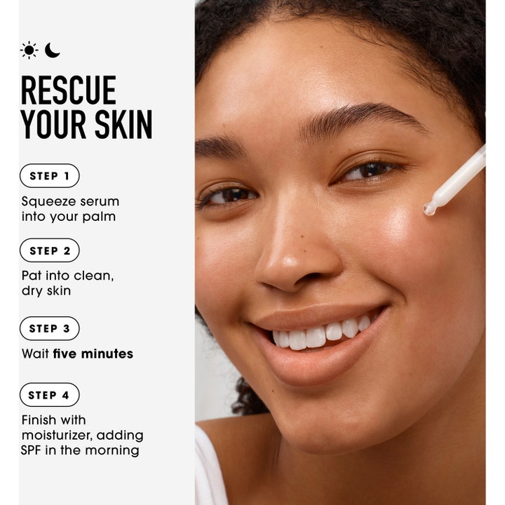 bareMinerals Skin Rescue Pure Smooth Serum 30 ml udglattende ansigtsserum påføres med pipette på model for jævn hud
