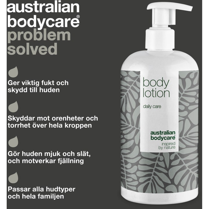 Australian Bodycare Body Lotion Tea Tree Oil 500 ml fugtgivende kropspleje i hvid pumpeflaske med gråt bladmønster