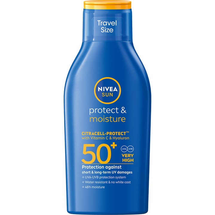 Nivea Sun Protect & Moisture Travel Size fugtgivende solcreme SPF 50+ i blå plastflaske med gult låg