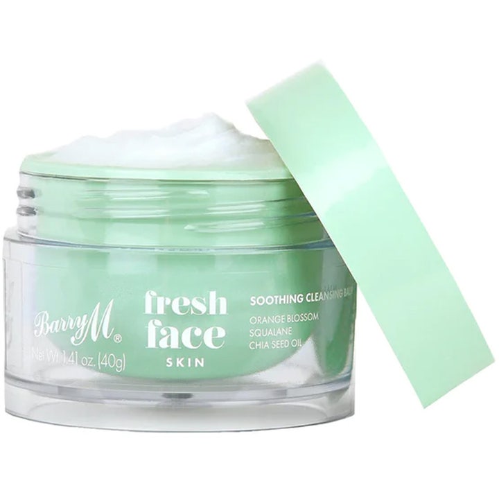 Barry M Fresh Face Skin Soothing Cleansing Balm 50 ml i grøn krukke med hvid cremet tekstur og squalane.