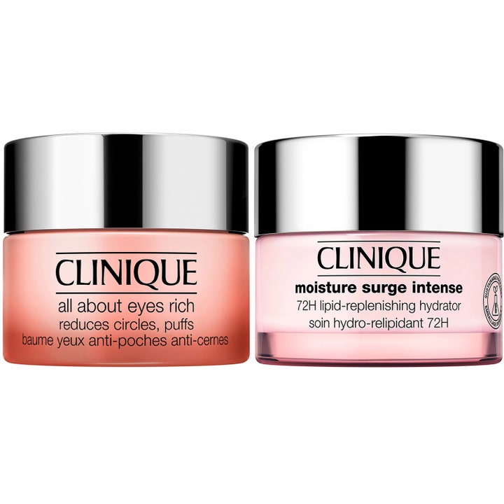 Clinique All About Eyes Rich og Moisture Surge Intense ansigtscreme i krukker med sølvlåg der fugter huden
