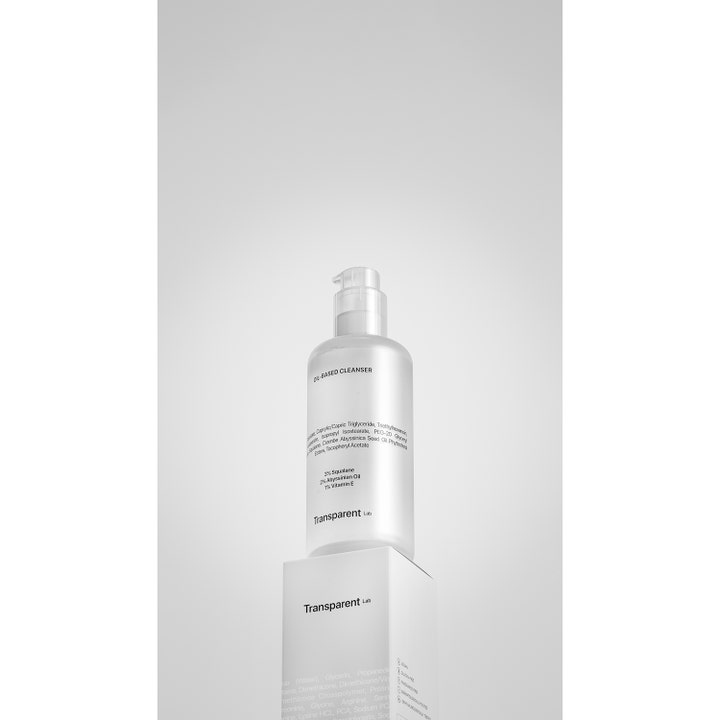 Transparent Lab Oil-Based Cleanser 200 ml fugtgivende ansigtsrens med squalane i hvid pumpeflaske på æske