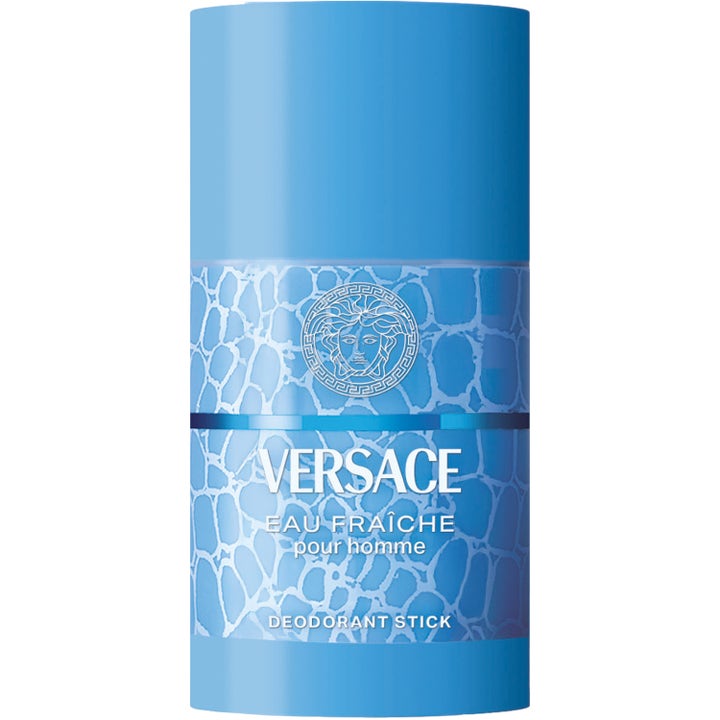 Versace Eau Fraîche Deodorant Stick giver friskhed i en blå beholder med hvidt vandmønster og Medusa-logo.